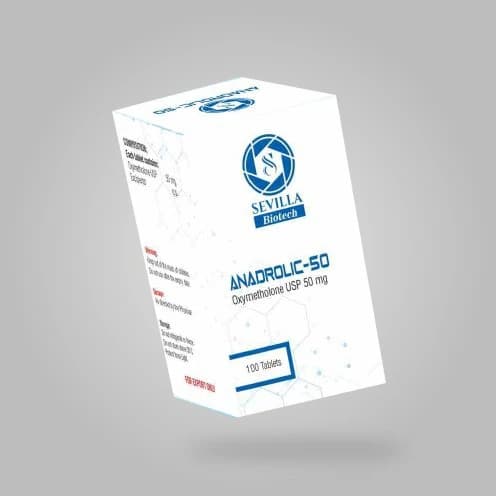 Sevilla Biotech Anadrolic 50: a white and blue carton stating oxymetholone USP 50 mg, 100 tablets