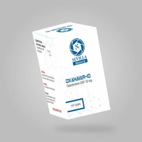 Sevilla Biotech Oxanavar 10: a white and blue carton stating oxandrolone USP 10 mg, 100 tablets