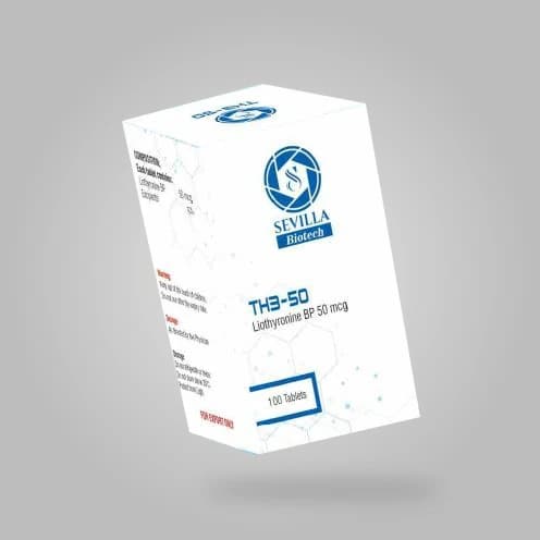 Sevilla Biotech TH3 50: a white and blue carton stating liothyronine BP 50 mcg, 100 tablets