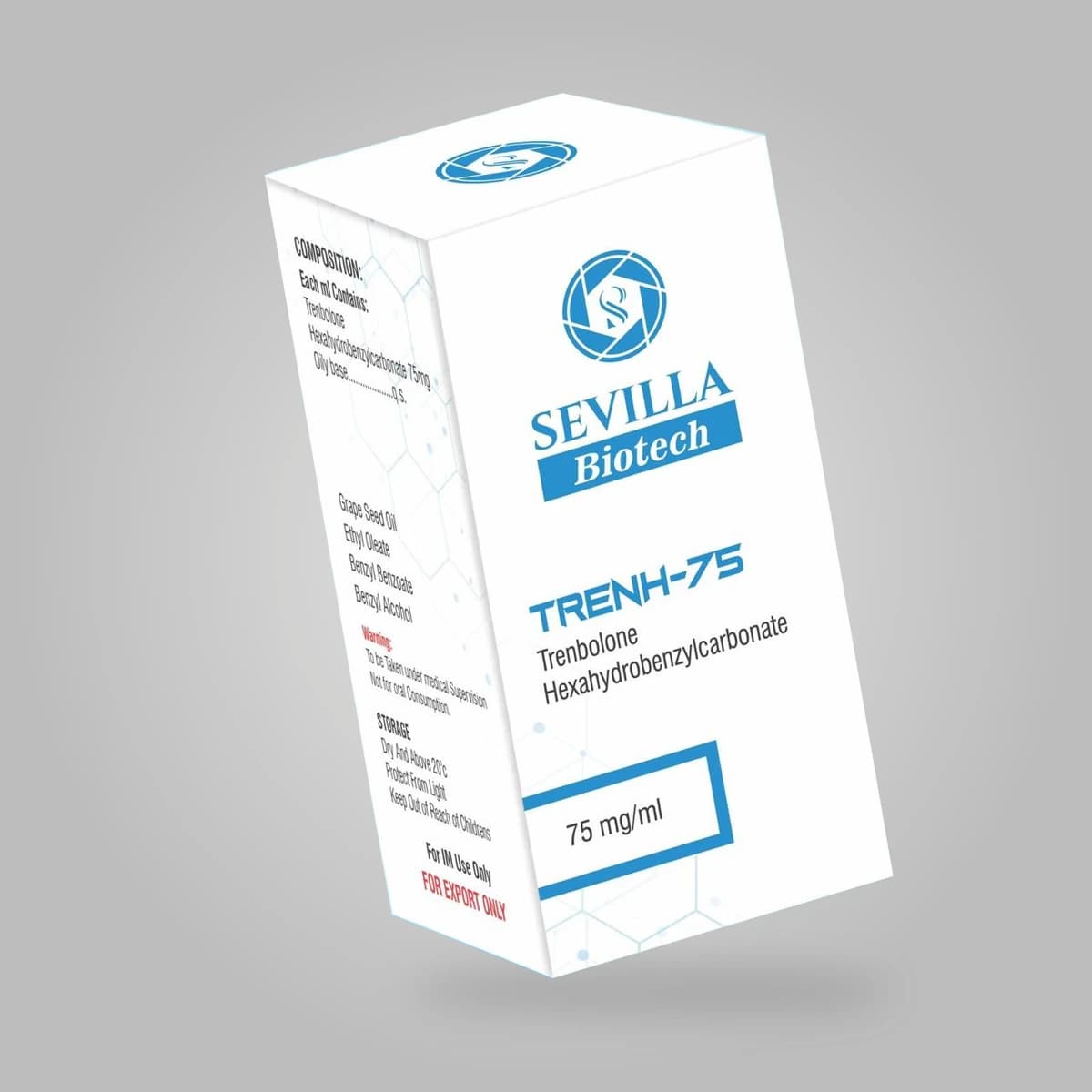 Sevilla Biotech Trenh 75: a white and blue carton showing the compound and strength on a grey background